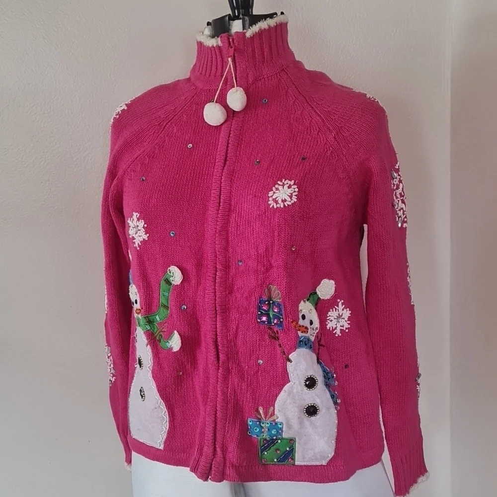 Christmas Ugly Pink Snowman Embellished Sweater Medium - Picture 11 of 14